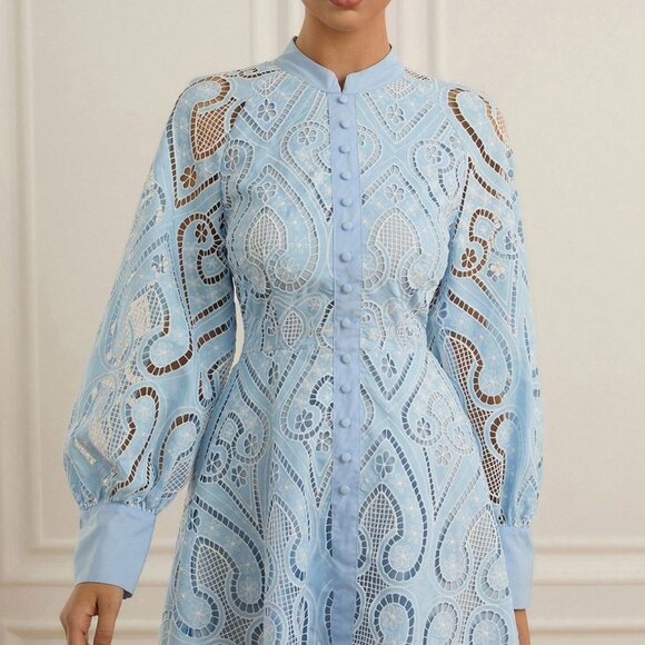 Elegant Blue Women's Long Sleeve Embroidered Dress - Picture 4 of 6